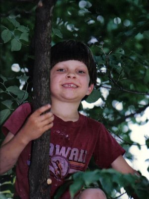 Young Shiloh climbing a tree in summer 1986